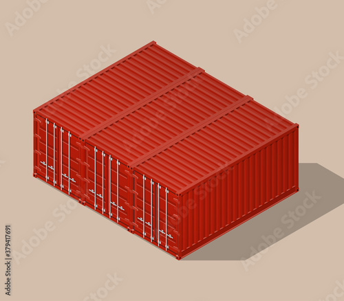3D Isometric shipping cargo three 20 ft container with closed doors. Large metal containers for transportation. Delivery of cargo shipping. 3D illustration