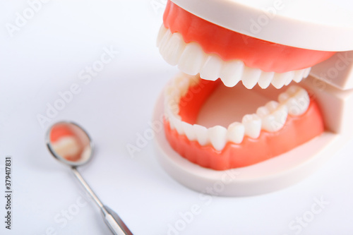 model of teeth and dental instruments and dental care products on a light background with a place to insert text
