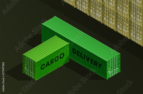 3D Isometric shipping cargo 20 and 40 ft container with closed doors. Large metal 40 foot containers for transportation. Delivery of cargo shipping. 3d illustration