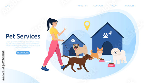 Web page template for web services showing a young woman walking a dog and feeding other dogs in their kennels, colored vector illustration © Rudzhan