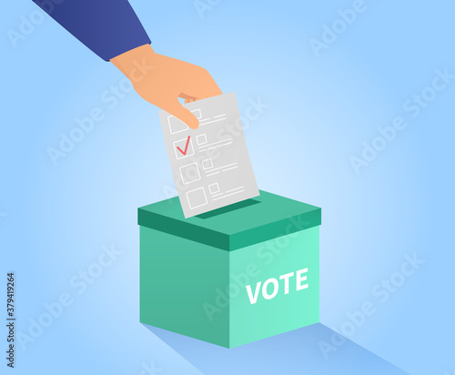 Voting or ballot box with hand placing a vote with red check mark in the slot, colored vector illustration