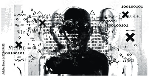 Abstract technology background with binary code and human silhouette. Conceptual illustration of Artificial intelligence, Cryptography and Cyber Security.