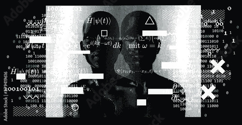 Abstract technology background with binary code and human silhouette. Conceptual illustration of Artificial intelligence, Cryptography and Cyber Security.