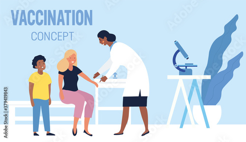 Family Vaccination concept with mother and son at a clinic being administered vaccinations by a doctor, colored vector illustration