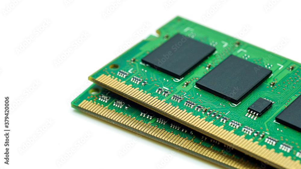 Close-up,computer RAM, system memory computer detail, high resolution, isolated on white background Close-up,computer RAM, system memory computer detail, high resolution, isolated on white background
