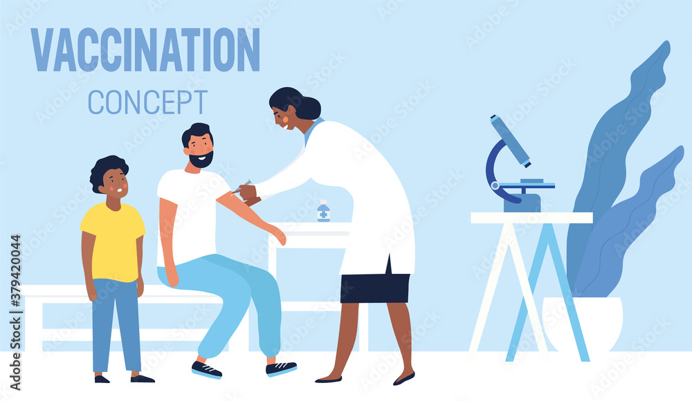 Father and son at a clinic for vaccinations being administered by a nurse or doctor, colored vector illustration