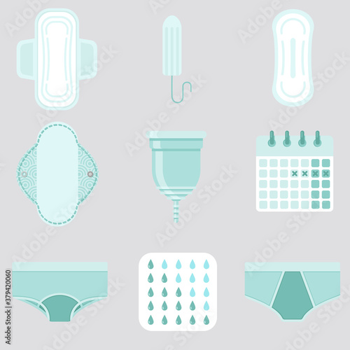 Feminine hygiene supplies. Set of vector illustrations.