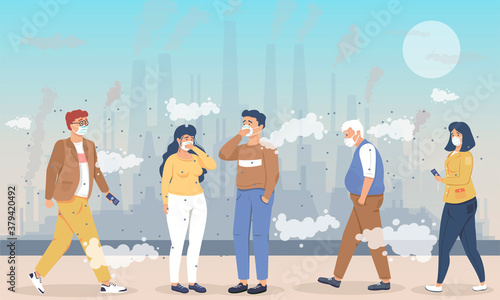 Group of people wearing face masks for air pollution walking through fumes and smog as protection against respiratory problems, colored vector illustration