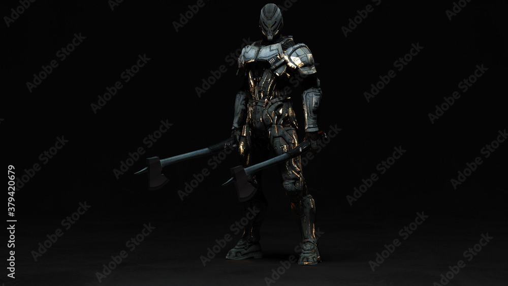 3D composite illustration of Exo Suit. Humanoid with axe in hand. 3D rendering. Art 3D composite illustration of Exo Suit. Humanoid with axe in hand. 3D rendering. Art