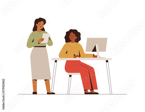 Businesswomen working on a joint project. Smiling female co-workers and entrepreneurs in the office on computers. Concept of business partnership and collaboration of girls. Vector illustration