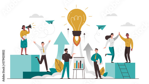 Project launch with dedicated business team doing megaphone marketing, celebrating, analysis and development and a rocket light bulb for takeoff, colored vector illustration