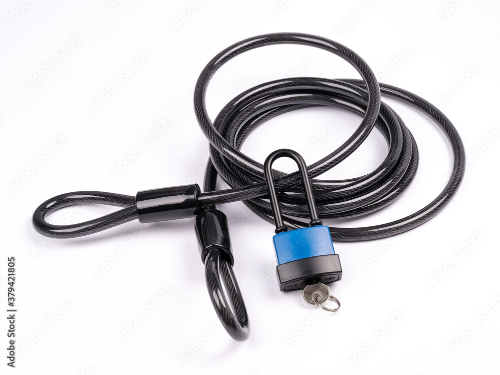 bicycle lock with key, cable loops isolated on white bicycle lock with key, cable loops isolated on white