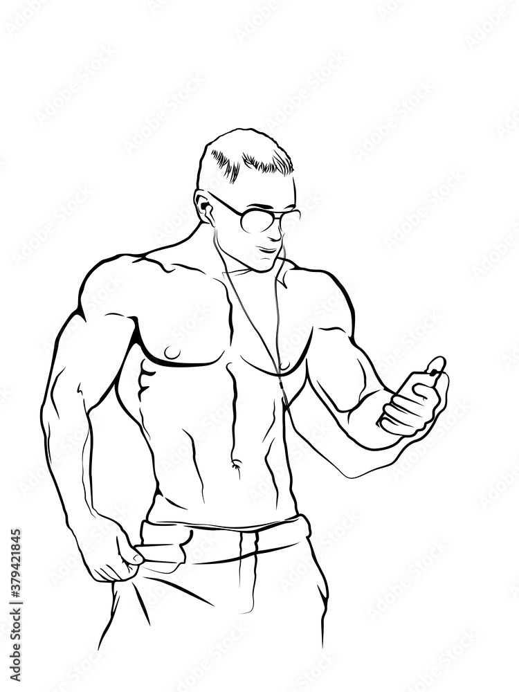 Muscle man silhouette with phone in hand, lifting weights fitness gym icon bodybuilder listening to music, athlete headphones Muscle man silhouette with phone in hand, lifting weights fitness gym icon bodybuilder listening to music, athlete headphones