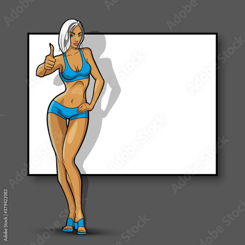 Slim girl on the background of an empty banner. Sexy woman in front of school board. Elegant lady on the background of pure advertising poster