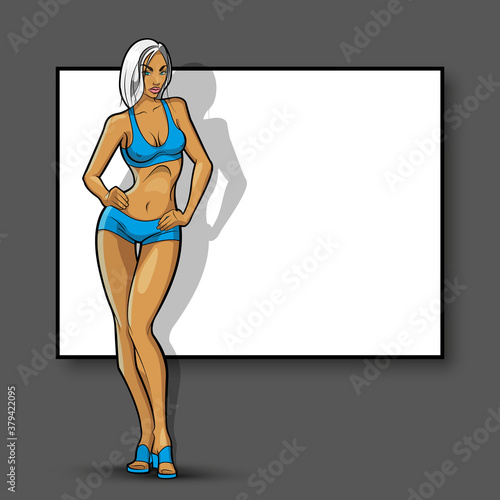 Slim girl on the background of an empty banner. Sexy woman in front of school board. Elegant lady on the background of pure advertising poster