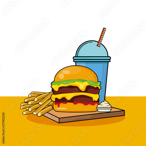 Burger, Fries with Mayonnaise dan soda illustration. fast food icon concept isolated. flat cartoon style vector