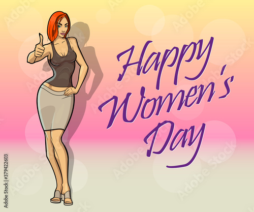 Slim girl on the background "Happy Women's Day" banner. Sexy woman in front of abstract board banner. Elegant lady on the background Happy Women's Day poster. Advertising discount sale poster