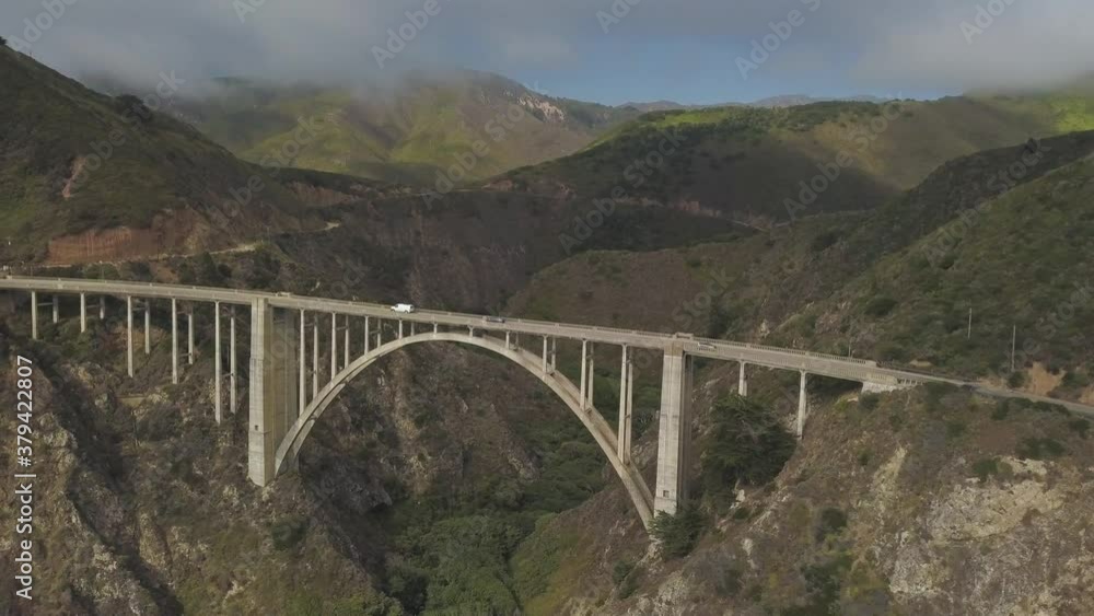 Bixby Creek Bridge, Big Sur, California USA. Aerial of Traffic on State Route 1 and Summer Landscape. Panoramic Drone Shot Bixby Creek Bridge, Big Sur, California USA. Aerial of Traffic on State Route 1 and Summer Landscape. Panoramic Drone Shot