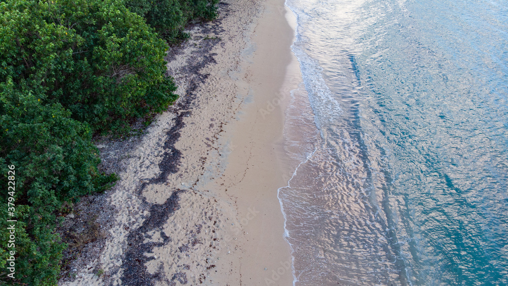 Waves crashing on sandy beach in the Caribbean