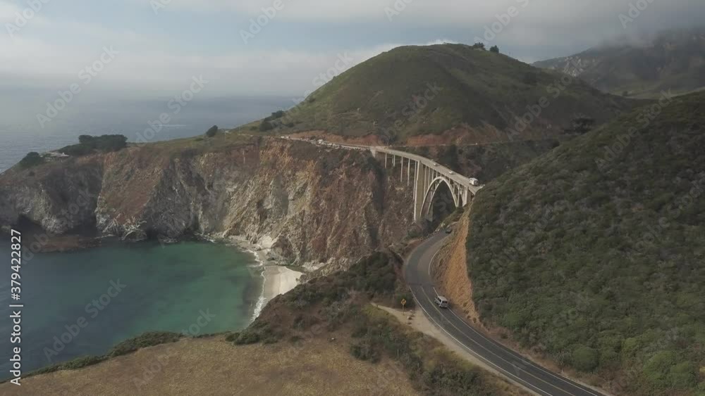 Big Sur. California USA. Aerial View of Scenic Coastline and Bixby Creek Bridge on Summer Day, Drone Shot Big Sur. California USA. Aerial View of Scenic Coastline and Bixby Creek Bridge on Summer Day, Drone Shot