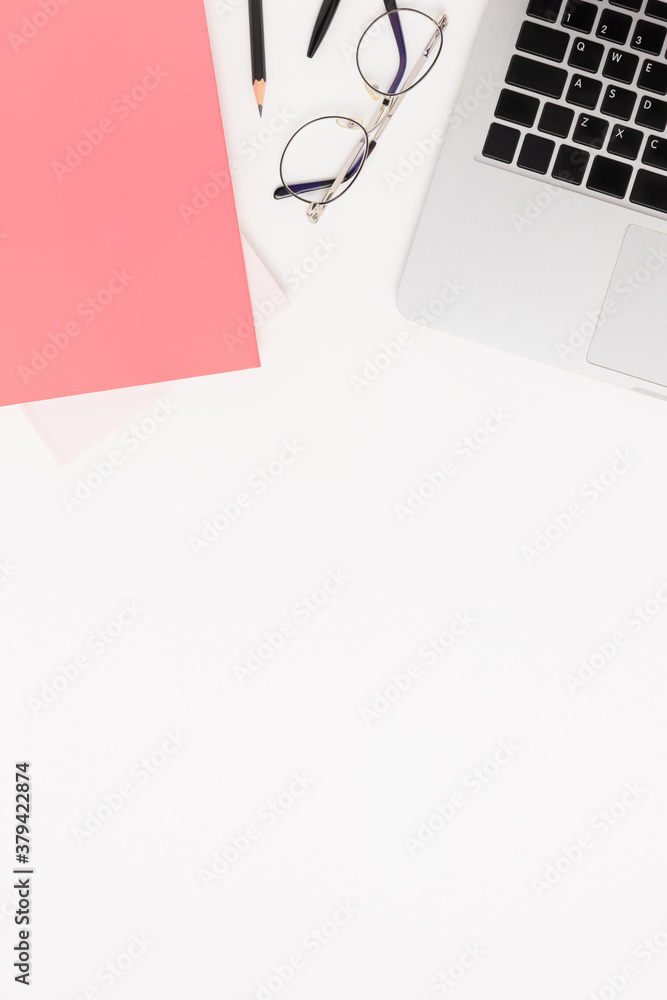 Workplace with laptop, glasses and stationery. Creative flatlay with copy space. Workplace with laptop, glasses and stationery. Creative flatlay with copy space.