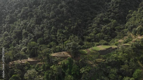 Ancient Lost City Deep in Colombian Jungle. Aerial of Ciudad Perdida Terraces.  Popular Tourist and Hiking Destination, Drone Shot photo