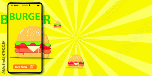 Vector illustration of Burger Banner. Online order by application on smartphone in yellow background.