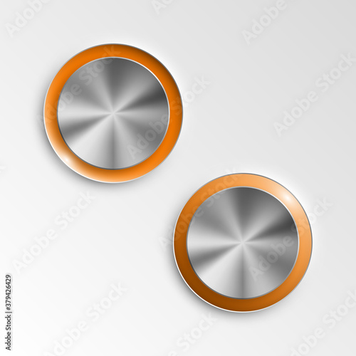 web round metall button on off mark patch reflected light website app. Isolated bell metall button round sign border, reflection shadow steel background. Button steel circle inclusion mark banner