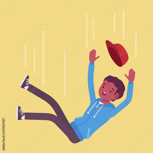 Falling down unsuccessful young black man, making mistake, failure. Guy in unfortunate incident, not achieving life goal, failed in work, study, losing support. Vector flat style cartoon illustration