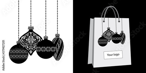 Illustration vectorielle noir et blanc de boules de Noël ornementales pour une impression originale de vos sac, papier cadeau ou tout autre support commercial.