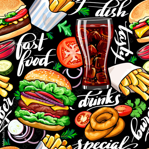 Seamless colorful pattern with fast food