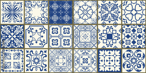 Set of 18 tiles Azulejos in blue, white. Original traditional Portuguese and Spain decor. Seamless patchwork tile with Victorian motives. Ceramic tile in talavera style. Vector
