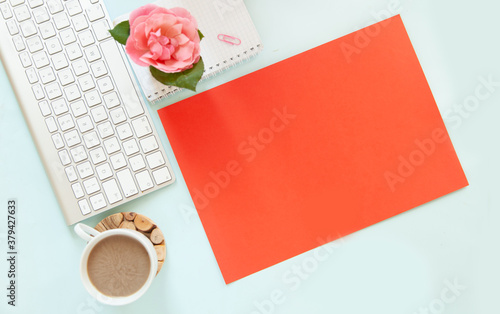 Wallpaper Mural blue office desk background with smartphone with blank screen mockup, laptop computer, cup of coffee and supplies. Top view with copy space, flat lay. Torontodigital.ca