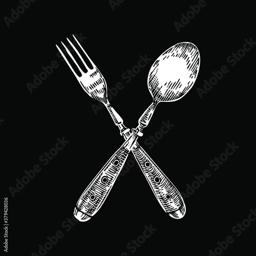 Vintage cutlery set. Black and white kitchen silverware: fork and spoon crossed. Engraving drawing, hand drawn line art sketch, menu template, vector illustration isolated on black background.
