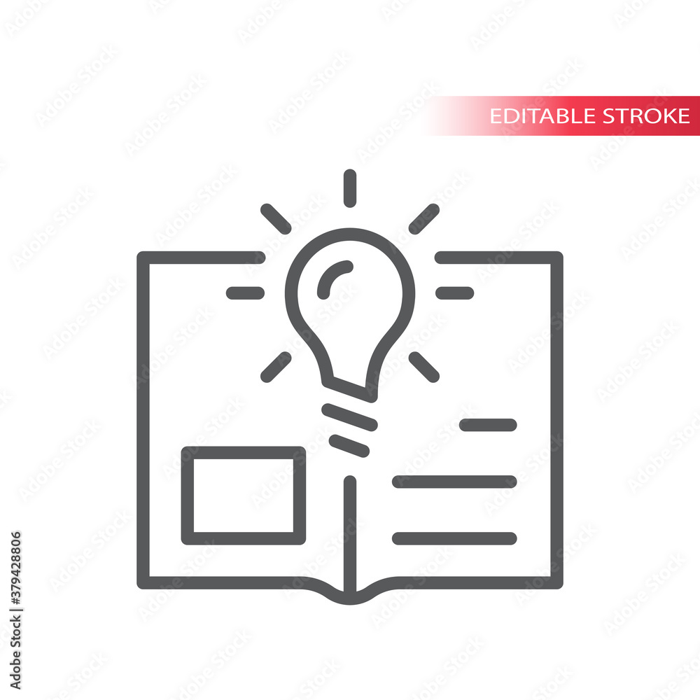 Open book and light bulb line vector icon. Knowledge and learning lightbulb concept outline symbol, editable stroke. Open book and light bulb line vector icon. Knowledge and learning lightbulb concept outline symbol, editable stroke.