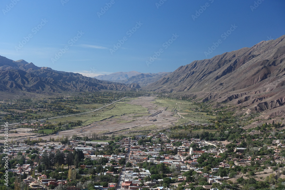 Landscape view down the Quebrada de Humahuaca valley from Cerro de la Cruz 