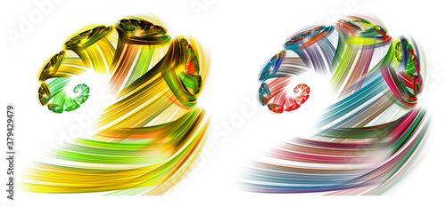 The bundles of lines diverge in different directions, end in spirals and together form a spiral. Set of graphic design elements isolated on white background. 3d rendering. 3d illustration.