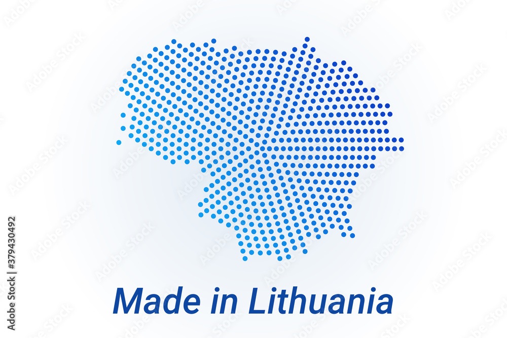 Map icon of Lithuania. Vector logo illustration with text Made in Lithuania. Blue halftone dots background. Round pixels. Modern digital graphic design.