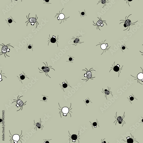 Itsy Bitsy Spiders pattern on blue background seamless vector repeat surface design halloween doodle style