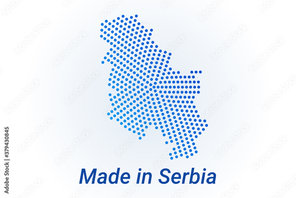 Map icon of Serbia. Vector logo illustration with text Made in Serbia. Blue halftone dots background. Round pixels. Modern digital graphic design.
