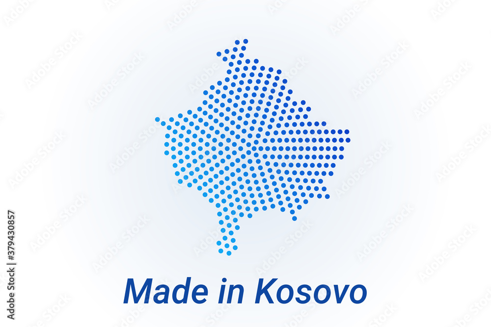 Map icon of Kosovo. Vector logo illustration with text Made in Kosovo. Blue halftone dots background. Round pixels. Modern digital graphic design.