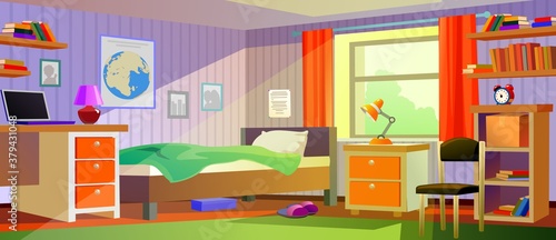 Teenager room interior. Classic furniture, table, cabinet.