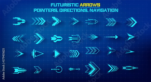 Set of futuristic arrows. Futuristic interface hud design elements. Arrows, pointers, direction. Set of holographic arrows, pointers, direction for infographics or game. Vector illustration