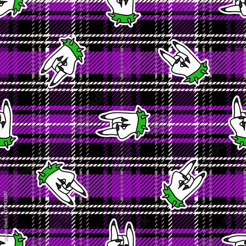 Cute punk rock on hand on plaid background vector pattern. Grungy alternative checkered home decor with cartoon animal. Seamless rocker attitude all over print.  photo