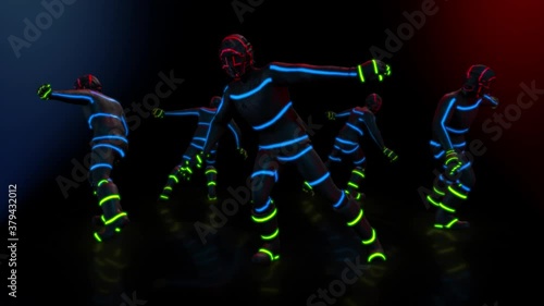 Male dance group performs in futuristic metallic neon costumes, 3D Rendering Animation.