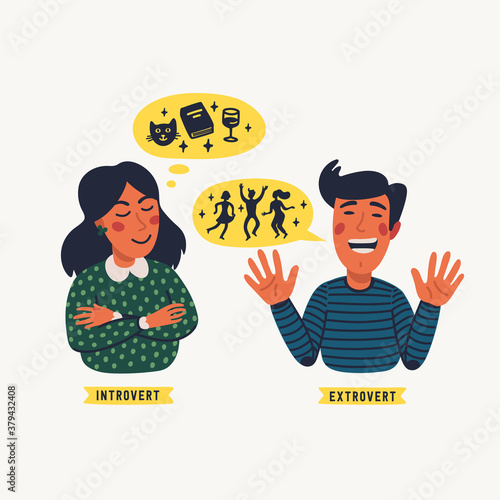 Extrovert and introvert. Extraversion and introversion concept - a young calm woman and talkative man