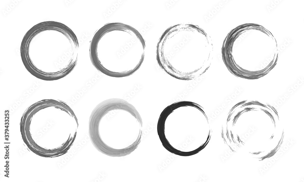 Set of grunge circle brush frames. Hand drawn grunge ink circle brush stroke isolated on white background. Design element for badges, social media, story highlight icons