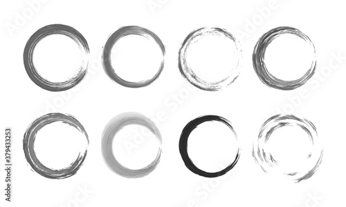 Set of grunge circle brush frames. Hand drawn grunge ink circle brush stroke isolated on white background. Design element for badges, social media, story highlight icons