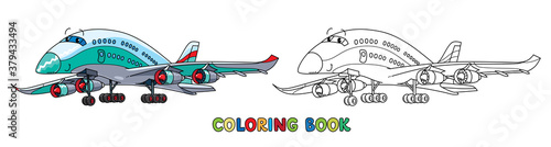 Funny airliner plane with eyes. Coloring book