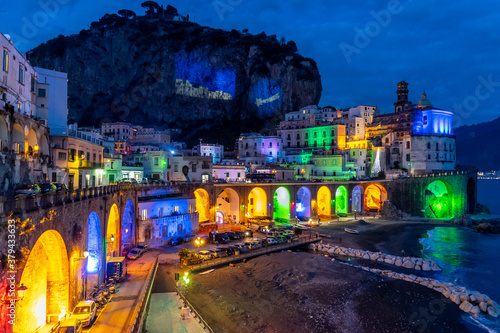 Colored Christmas lights in Atrani, is a small town of the Amalfi coast, Italy